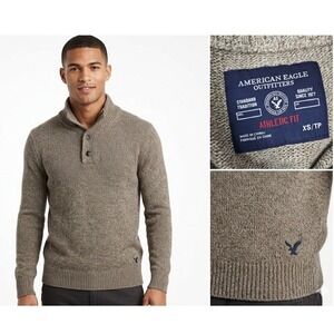 American Eagle Mens Athletic Fit Mock Neck Button Zip Sweater Tan XS 0913-9721